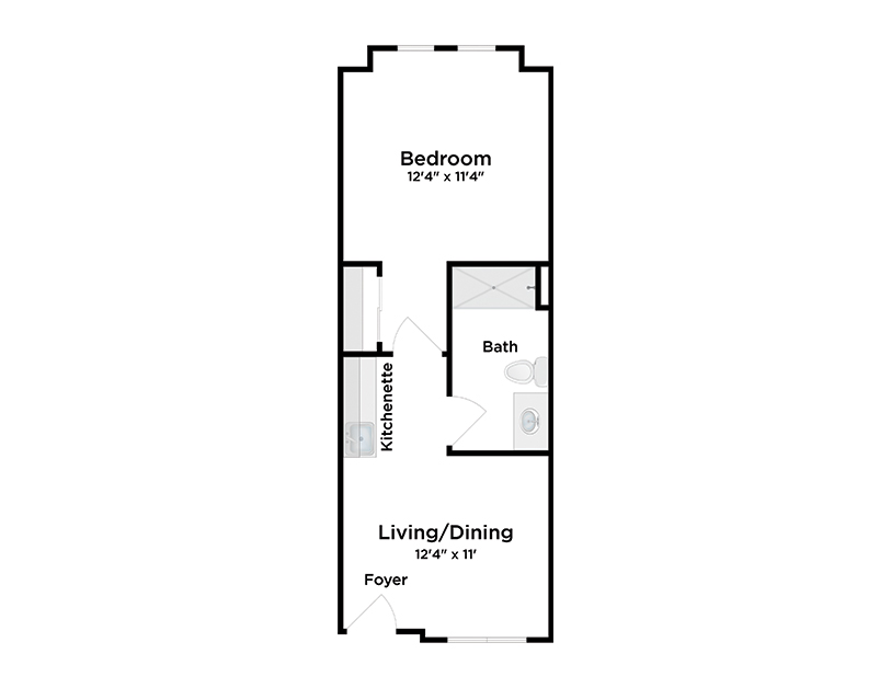Black and white floor plan showing a foyer, living/dining area, kitchenette, bathroom, and a bedroom. Room dimensions are labeled; the living/dining area is 124 x 17, and the bedroom is 124 x 114.