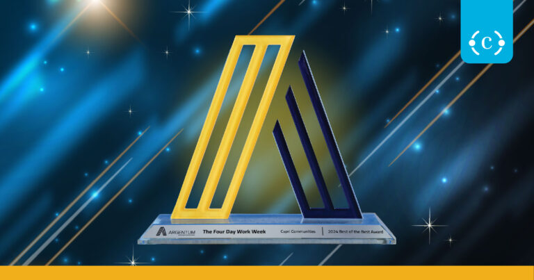 A geometric award trophy with yellow and blue angled bars stands on a clear base labeled Four-Day Work Week. The background features blue and gold diagonal streaks, with the Apiary Talent logo in the top right corner.