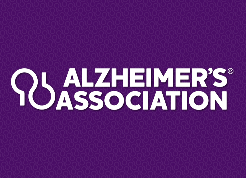 Alzheimers Association logo with white text and symbol on a purple patterned background.