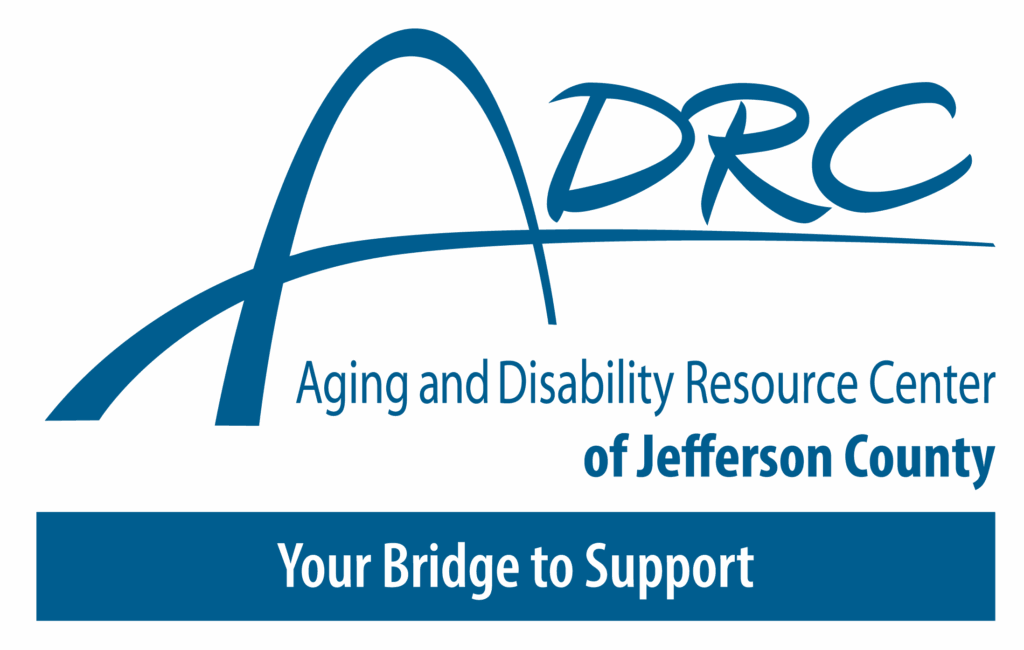Logo for the Aging and Disability Resource Center of Jefferson County with the tagline “Your Bridge to Support” in a blue banner.