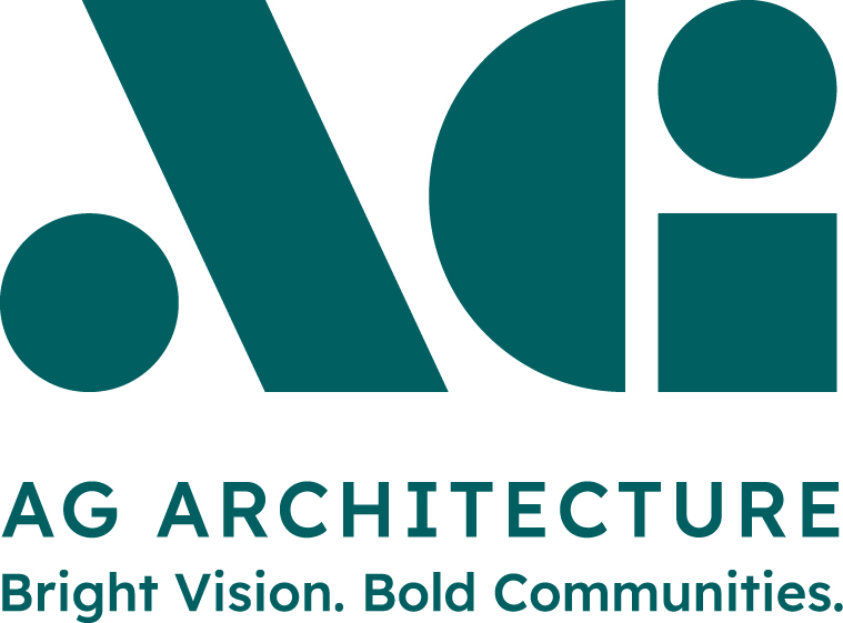 Logo for AG Architecture featuring geometric shapes forming the initials AG above the text AG ARCHITECTURE and the tagline Bright Vision. Bold Communities. in teal green.