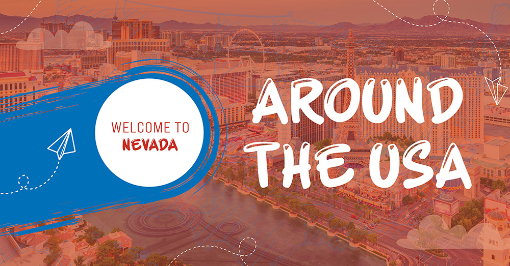 A colorful graphic with text Welcome to Nevada and Around the USA over a cityscape background, likely Las Vegas, with playful blue and white doodles of paper planes and clouds.