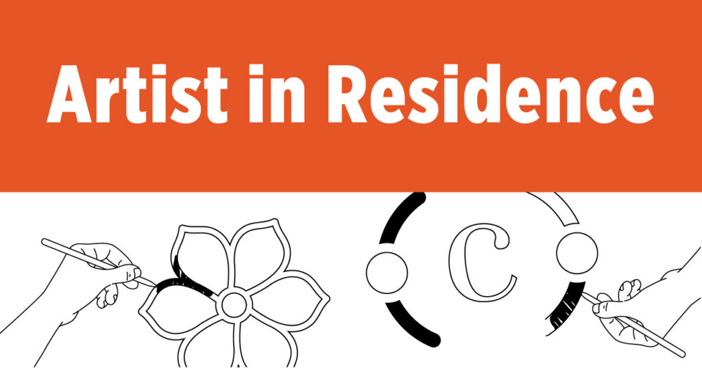 Bold white text reading Artist in Residence on an orange background, above illustrations of hands drawing a flower and a copyright symbol in black outline.