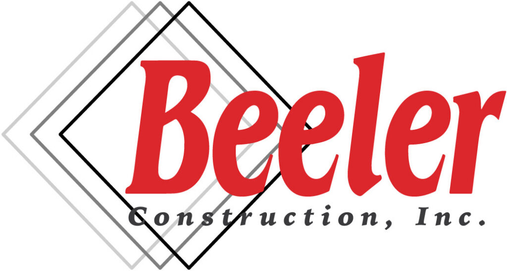 Logo for Beeler Construction, Inc. featuring the word Beeler in large red letters over three overlapping diamond outlines, with Construction, Inc. below in smaller black script font.