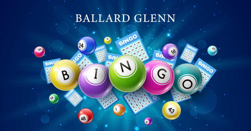 Colorful bingo balls and bingo cards float against a blue, starry background. The word “BINGO” is spelled out on the balls. Above, the text reads “BALLARD GLENN.”.