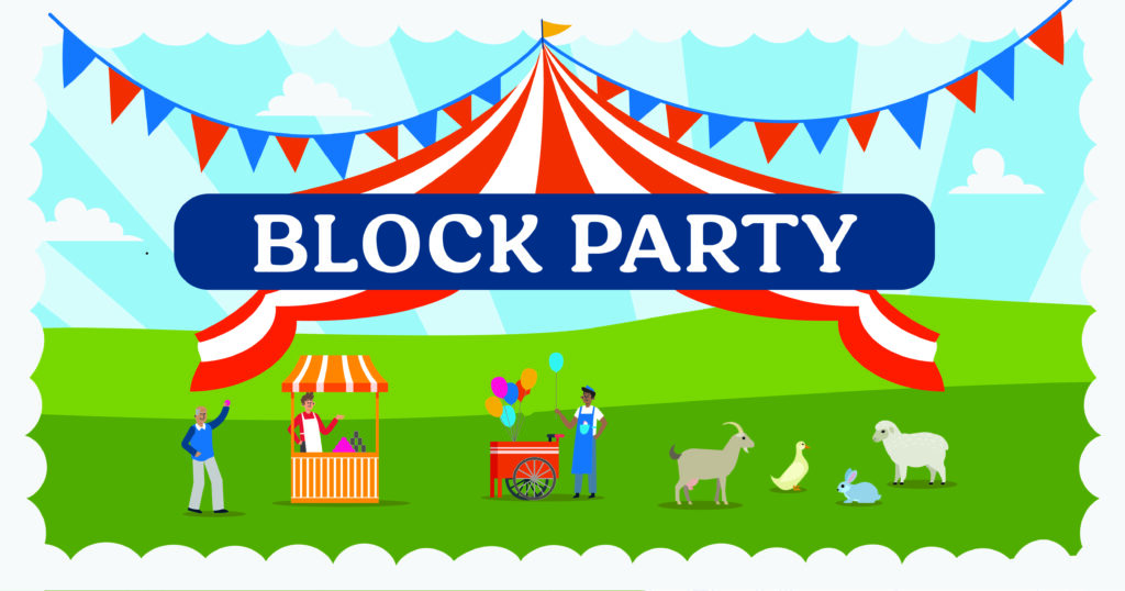 Colorful illustration of a block party with a large red and white striped tent, people at a lemonade stand and balloon cart, and animals including a goat, duck, rabbit, and sheep on a green lawn.