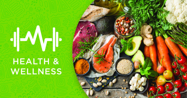 A variety of fresh, healthy foods including vegetables, fruits, fish, meat, grains, seeds, and spices are arranged next to a green section with a fitness icon and the text Health & Wellness.