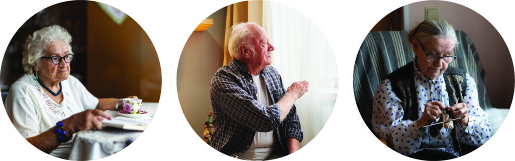 Three elderly people in circular frames: a woman with glasses drinking tea, a man looking out a window, and a woman knitting while seated. Each person appears thoughtful and engaged in their activity.
