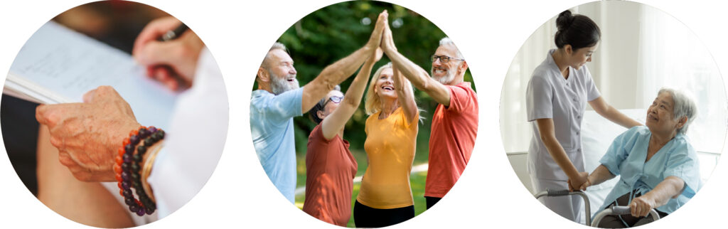 Three circular images: a person’s hand writing on paper, a group of smiling older adults high-fiving outdoors, and a caregiver assisting a smiling elderly woman in a wheelchair indoors.