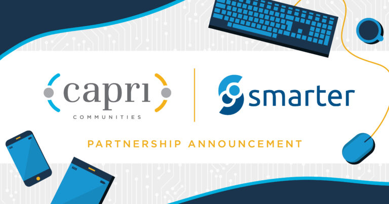 Graphic showing Capri Communities and Smarter logos side by side, separated by a vertical line. Below, text reads “Partnership Announcement.” Keyboard, mouse, and smartphones are illustrated around the edges.