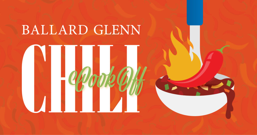 Illustration with text Ballard Glenn Chili Cook Off, featuring a bowl of chili with peppers, flames, and a spoon against a red, pepper-patterned background.