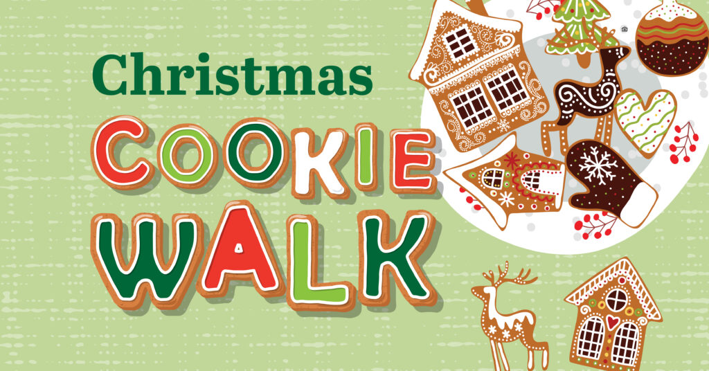 Illustration with the words Christmas Cookie Walk in colorful, decorated letters, next to a plate of assorted Christmas cookies shaped like houses, trees, hearts, and reindeer on a green background.