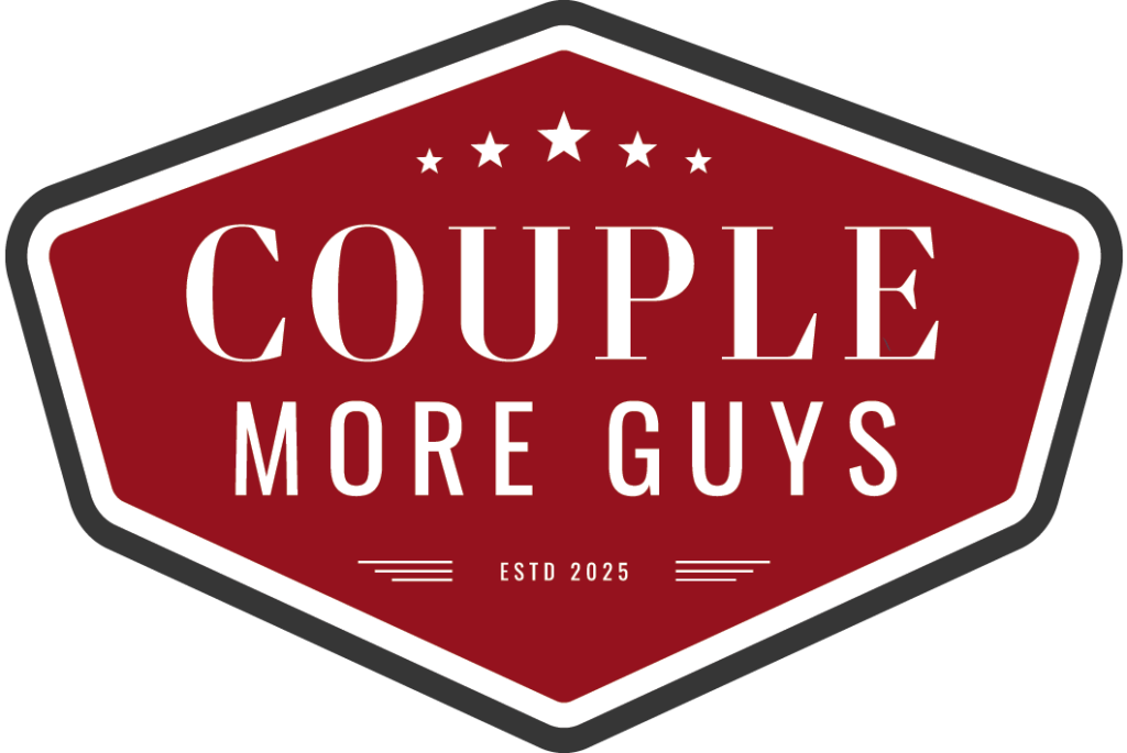 A red and white hexagonal badge logo with black outline reads COUPLE MORE GUYS in large letters, with ESTD 2025 below and five stars above the main text.