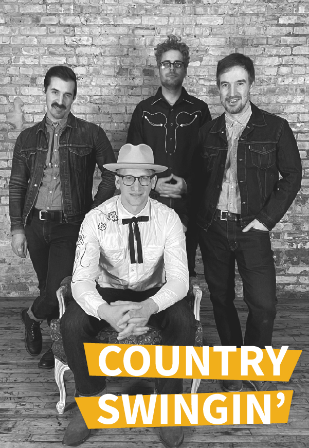 Four men in vintage western attire pose in front of a brick wall; three stand while one sits on a chair. Text reads Country Swingin in bold yellow and white letters at the bottom.