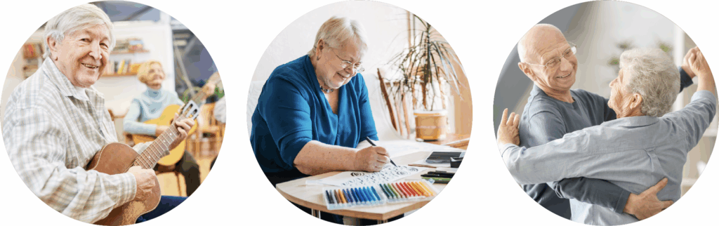 Senior women playing a guitar, a senior women painting and a senior couple dancing