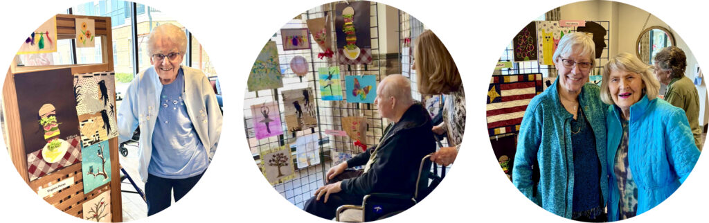 Residents at Grace Commons Memory Care Art Show proudly displaying their artwork, celebrating creative senior living in Wisconsin.