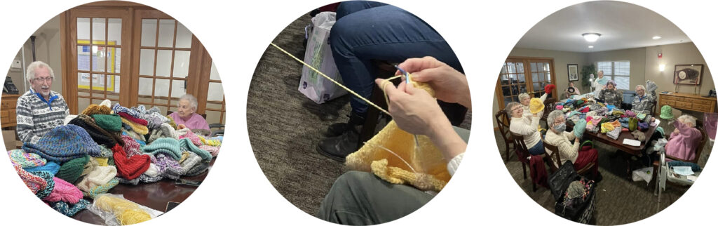 Residents in the Wilson Commons Fiber Arts Club crocheting handmade items for charity, reflecting creative senior living in Wisconsin.