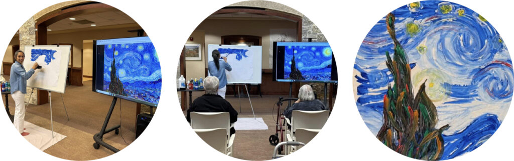 Lifestyle Enrichment Coordinator at Teal Shores painting a rendition of Van Gogh's Starry Night during a creative senior living event in Wisconsin.