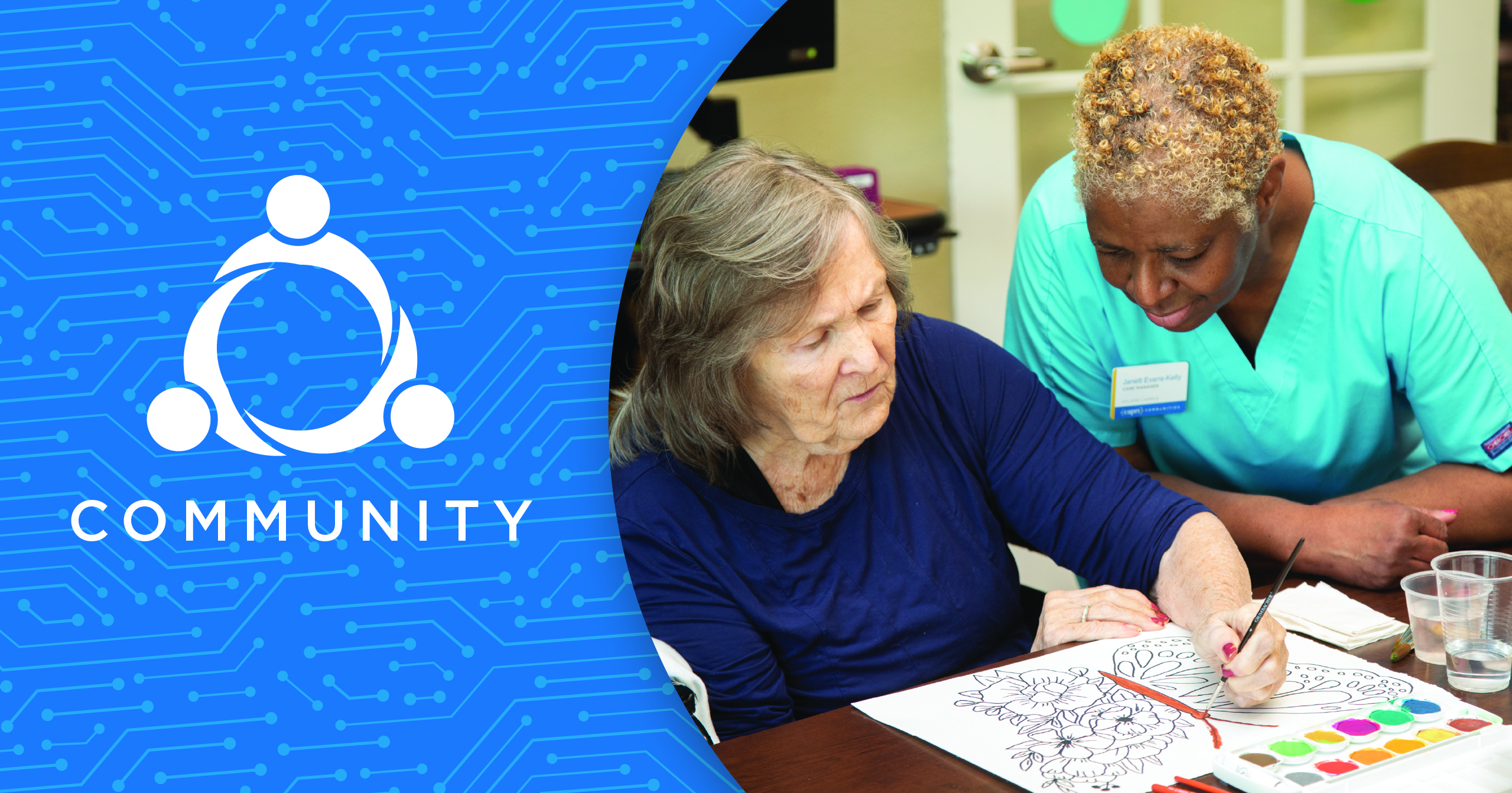 Capri Communities resident and caregiver enjoying a creative art project together, showcasing creative senior living in Wisconsin.