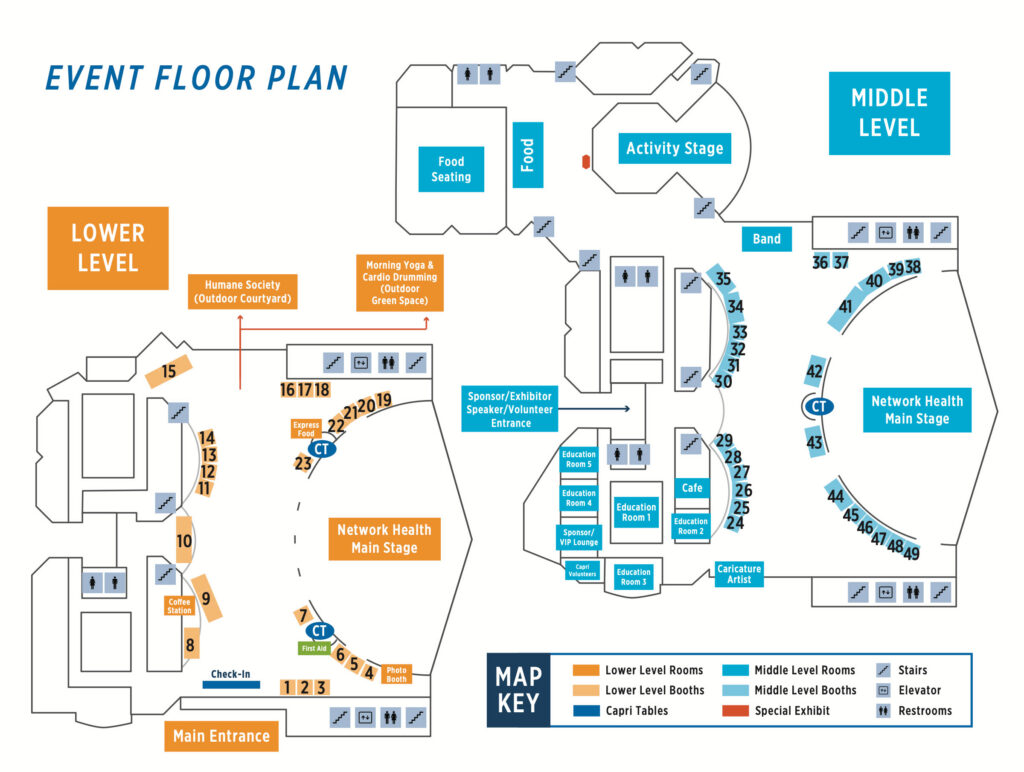 Event floor plan with two levels. Lower Level has main entrance, Network Health Main Stage, rooms, and outdoor courtyard. Middle Level has Activity Stage, Food Seating, and multiple numbered booths around central stages. Map key included.
