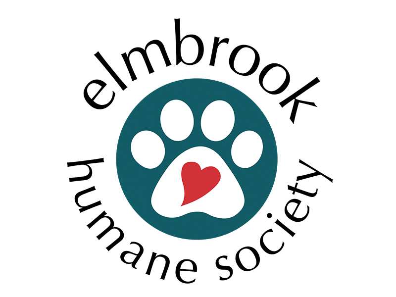 Elmbrook Humane Society logo featuring a large green circle with a white paw print and a red heart in the center, surrounded by the organizations name in black text.
