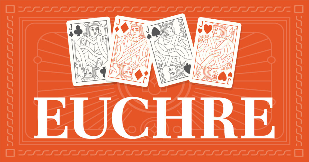 Four jack playing cards (clubs, diamonds, spades, hearts) are spread out above the word Euchre on an orange patterned background. The spades and hearts cards are highlighted in color.