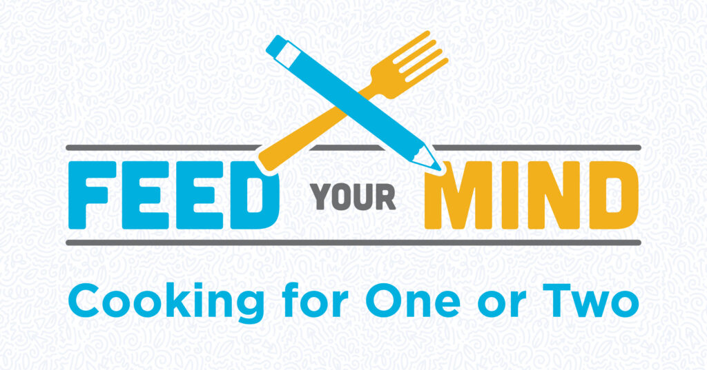 Logo with a blue pen and yellow fork crossed above the words “Feed Your Mind” and the phrase “Cooking for One or Two” in blue below. Background has a faint pattern.