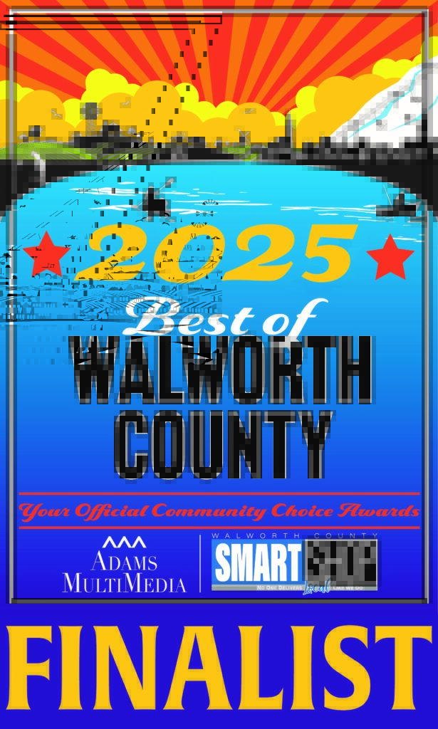 Colorful poster with the text 2025 Best of Walworth County, Your Official Community Choice Awards, and FINALIST at the bottom. Lake, trees, cityscape, and kayaker images are in the background.