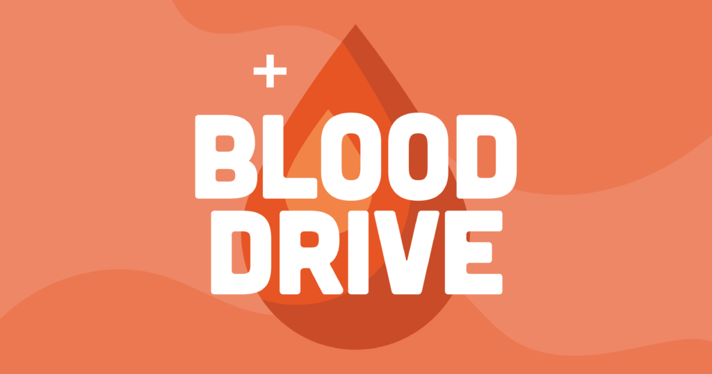 White bold text reading “Blood Drive” overlays a large red drop shape on an orange background with abstract wave patterns. A small white plus sign appears above the text.