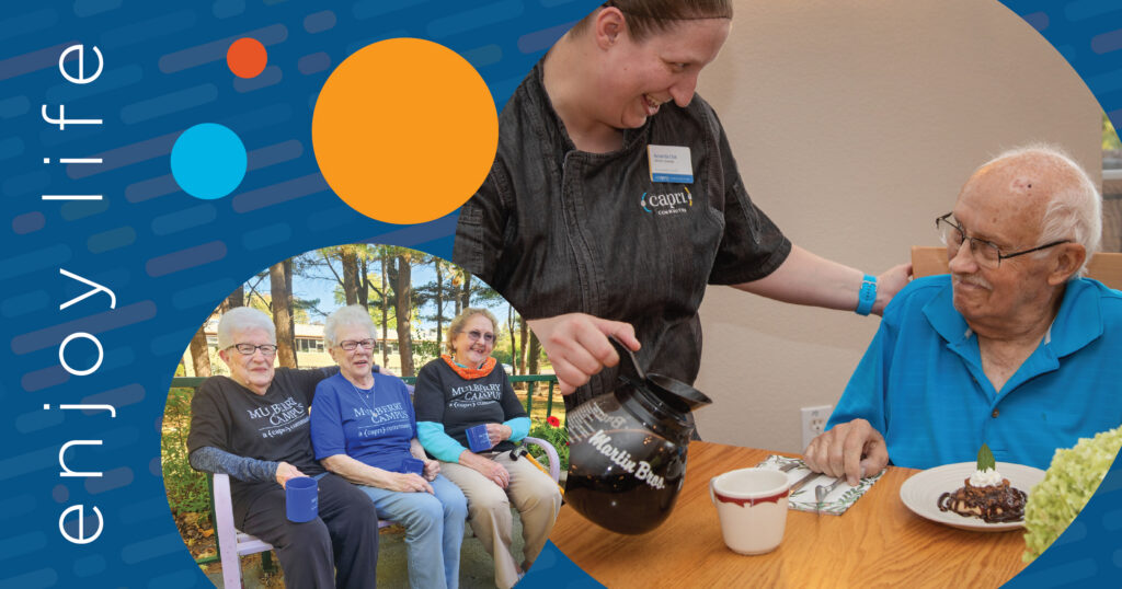 Three elderly people sit smiling on a bench outdoors. Beside them, a caregiver in uniform pours coffee for an older man at a dining table. The background features blue and orange graphic elements and the words enjoy life.