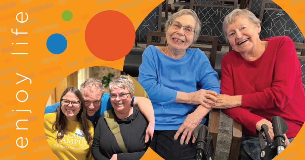 Two smiling older women sit together, holding hands. Inset, three people—two women and one man—smile at the camera. The background is bright orange with colorful circles and the words enjoy life on the left.