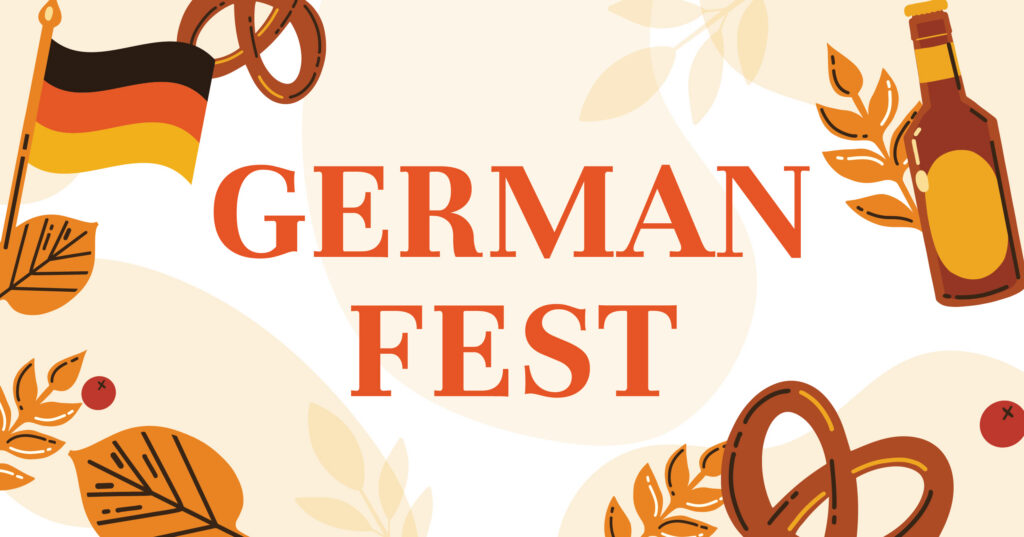 German Fest event poster with German flag, pretzels, a beer bottle, and decorative autumn leaves on a light background.