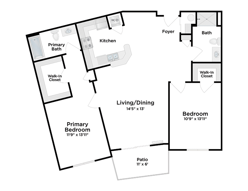 Floor plan of a two-bedroom apartment featuring a primary bedroom with attached bath and walk-in closet, a second bedroom with walk-in closet, two bathrooms, kitchen, living/dining area, foyer, and a patio.