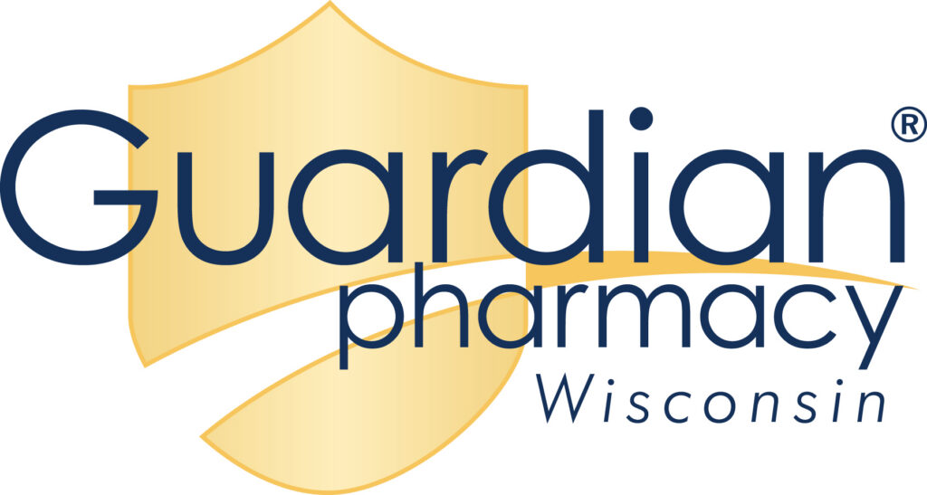 Logo for Guardian Pharmacy Wisconsin. The word Guardian is bold and large, with a gold shield in the background. Below Guardian, it says pharmacy and Wisconsin in smaller, blue text.
