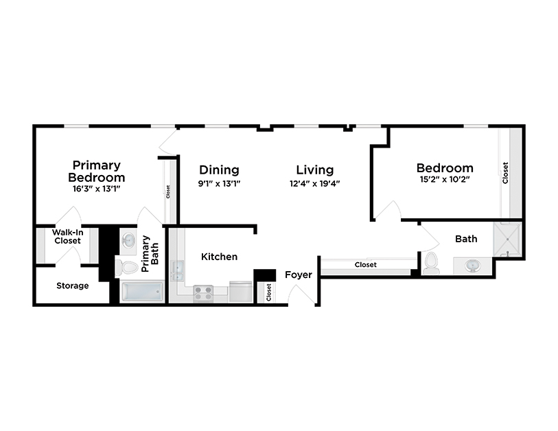 Black and white floor plan of a two-bedroom apartment with a primary bedroom, walk-in closet, storage, kitchen, dining area, living room, foyer, two bathrooms, and a second bedroom with a closet. Room dimensions are labeled.