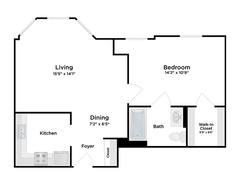 Black and white floor plan of a one-bedroom apartment showing a kitchen, dining area, living room, bedroom, bath, walk-in closet, foyer, and a small closet by the entrance. Room dimensions are labeled.