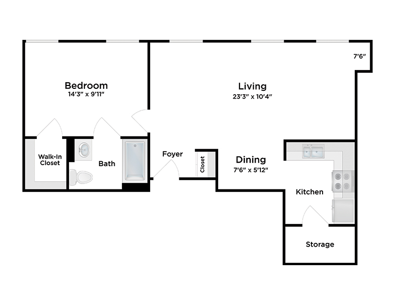 Floor plan of a one-bedroom apartment with a living room, dining area, kitchen, bathroom, walk-in closet, storage, and foyer. Room dimensions and doorways are labeled throughout the layout.