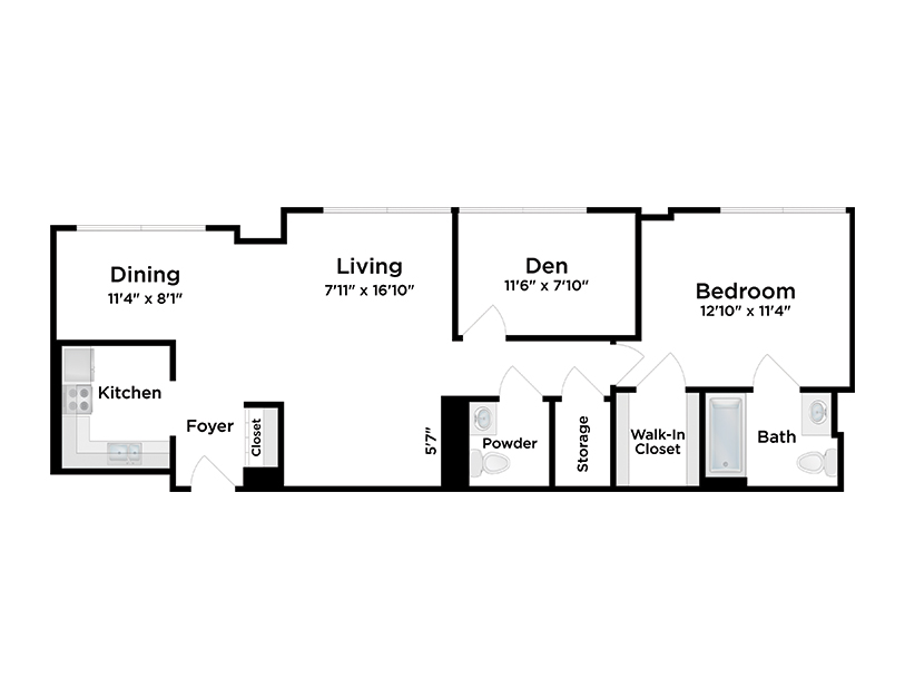 Black and white floor plan showing a kitchen, dining area, foyer, closet, living room, den, powder room, storage, walk-in closet, bedroom, and bathroom, with labeled dimensions for each space.