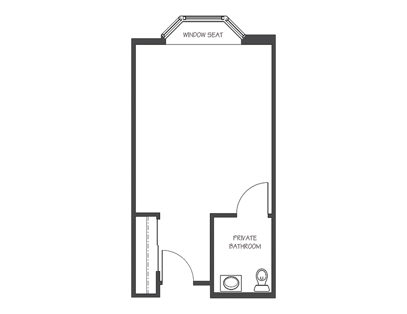 Floor plan of a rectangular room with a window seat at the far end, a door entry, closet space on the left, and a private bathroom with a toilet and shower in the bottom right corner.