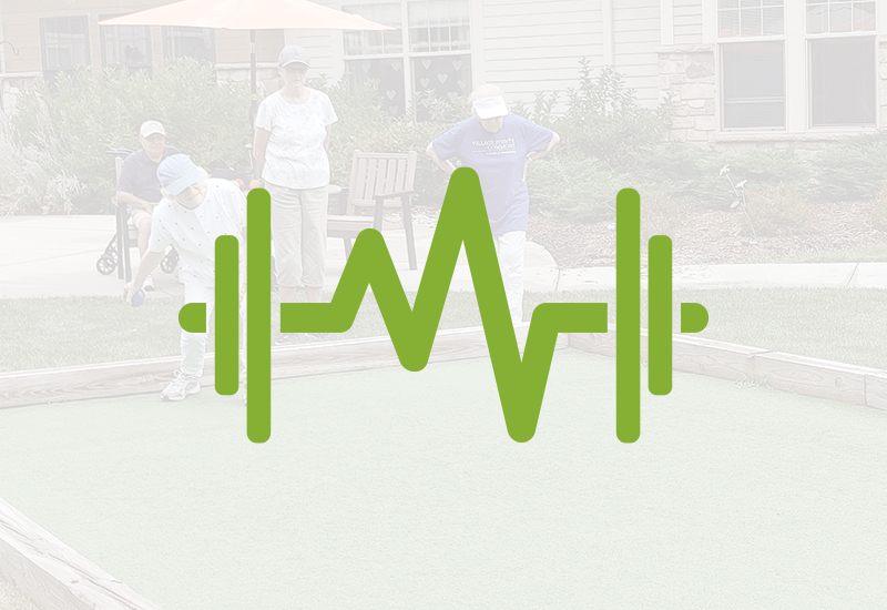 A large green barbell with a heartbeat line overlays a faded background of seniors playing bocce ball outdoors near a building.