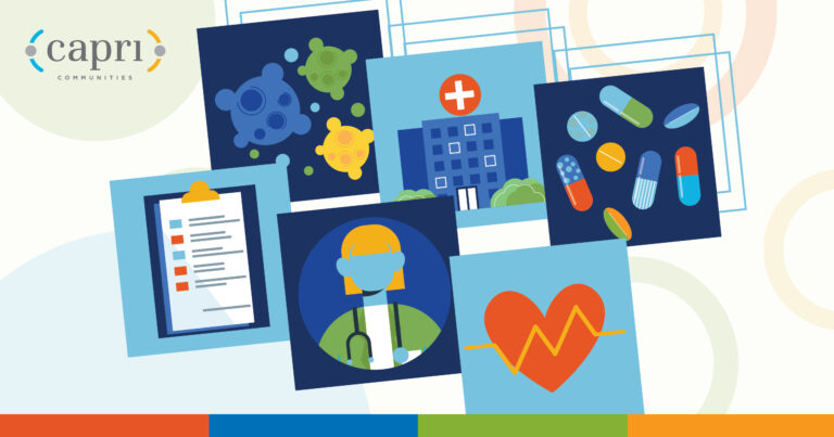 A collage of healthcare-related icons, including viruses, a hospital, various pills, a medical checklist, a doctor, and a heart with an EKG line. Capri Communities logo appears in the top left corner.