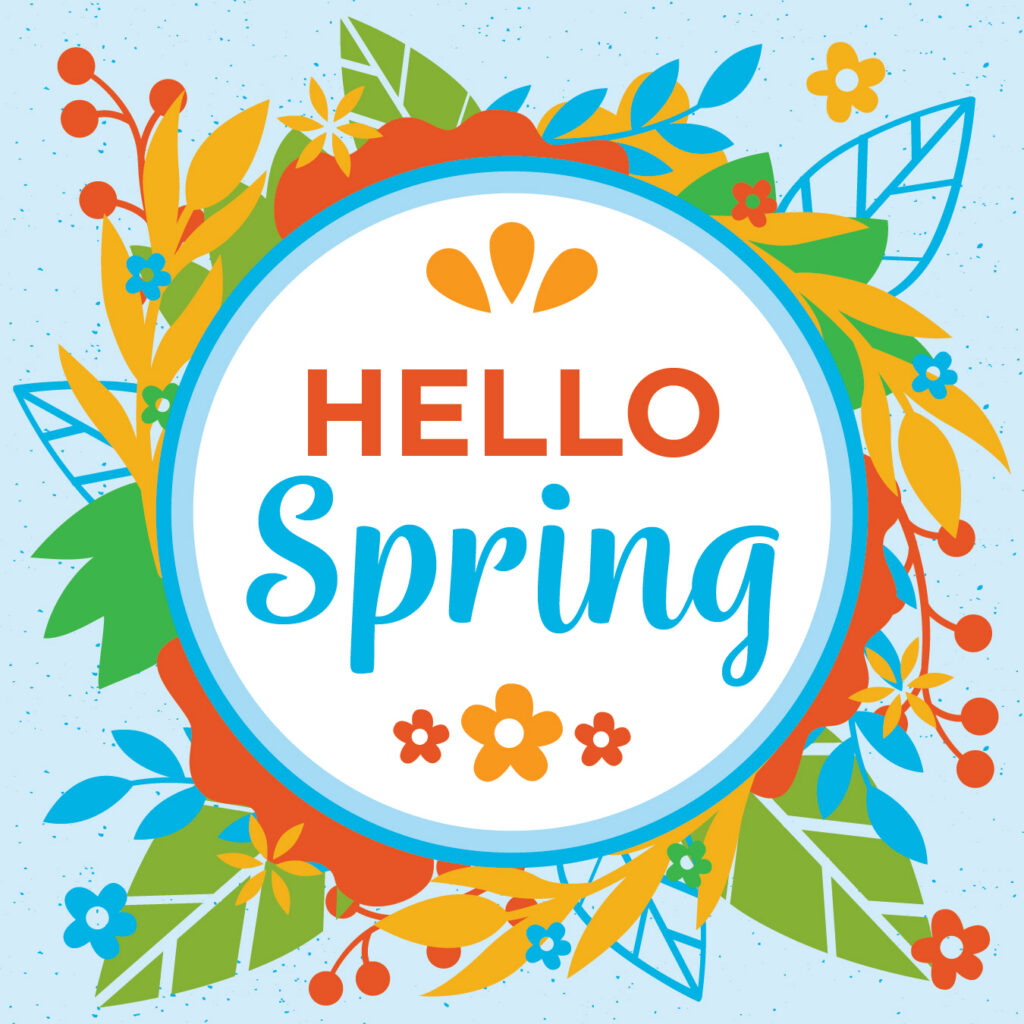 A colorful illustration with the text Hello Spring in a white circle, surrounded by bright leaves, flowers, and berries on a light blue background with tiny dots.