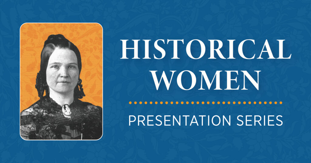 A black and white portrait of a woman on an orange background appears next to the text Historical Women Presentation Series on a blue floral background.
