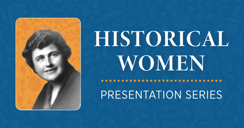 A black and white portrait of a woman is shown on the left against an orange background. On the right, large white text reads Historical Women Presentation Series on a blue patterned background.