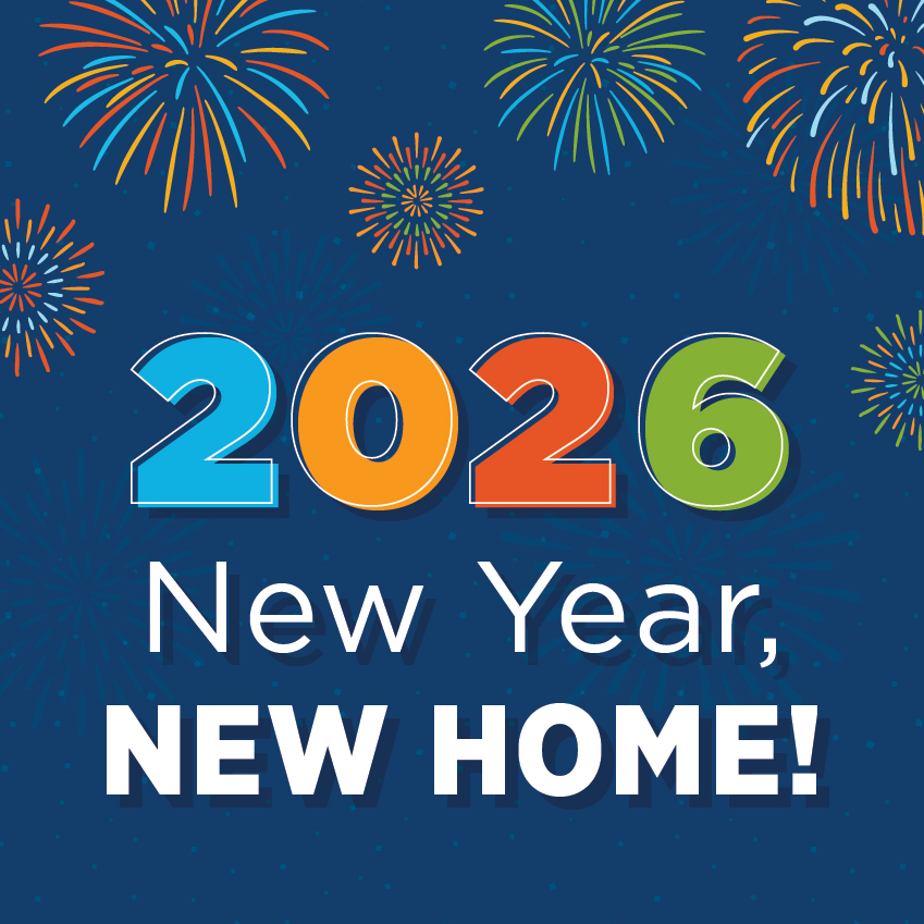 Colorful fireworks burst around large, bold numbers 2026 and the words New Year, NEW HOME! on a dark blue background, celebrating a new home in the new year.