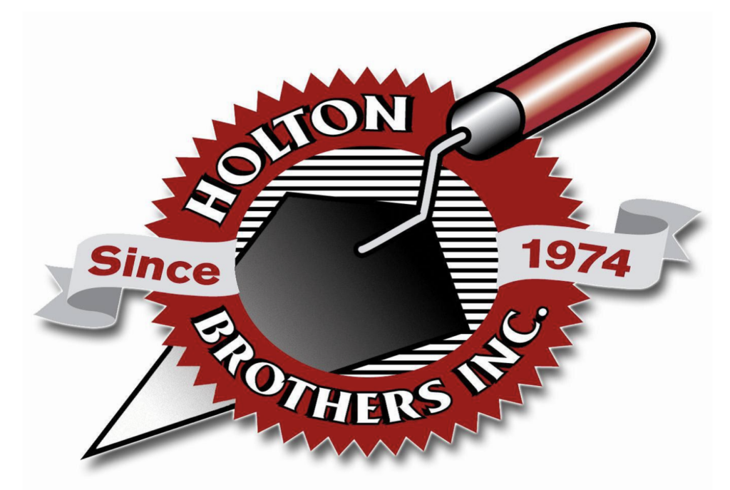 Logo for Holton Brothers Inc. featuring a red circular seal, a trowel and mason’s tool, and a white ribbon with the text Since 1974 across it. The company name is written around the circle.