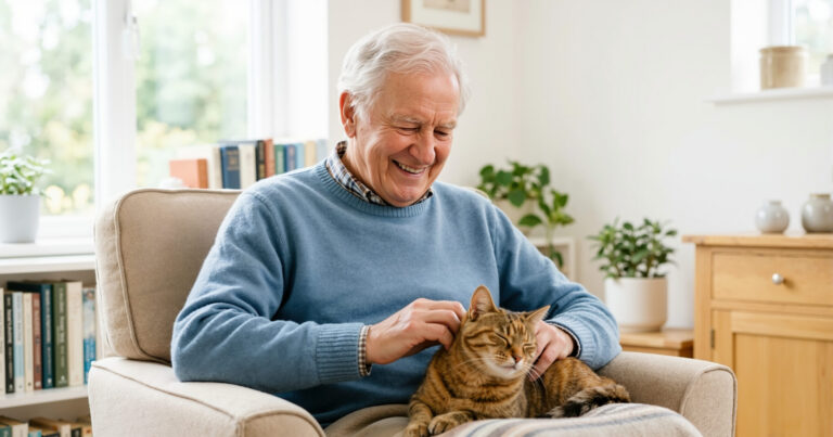 Happy Senior Resident with Cat on Lap