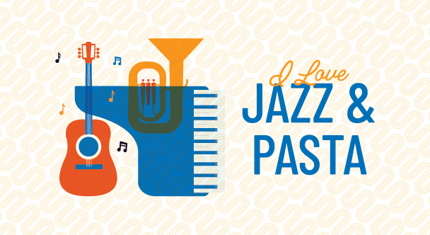 Illustration of a guitar, trumpet, and piano keys with music notes, next to the text I Love Jazz & Pasta on a patterned background.