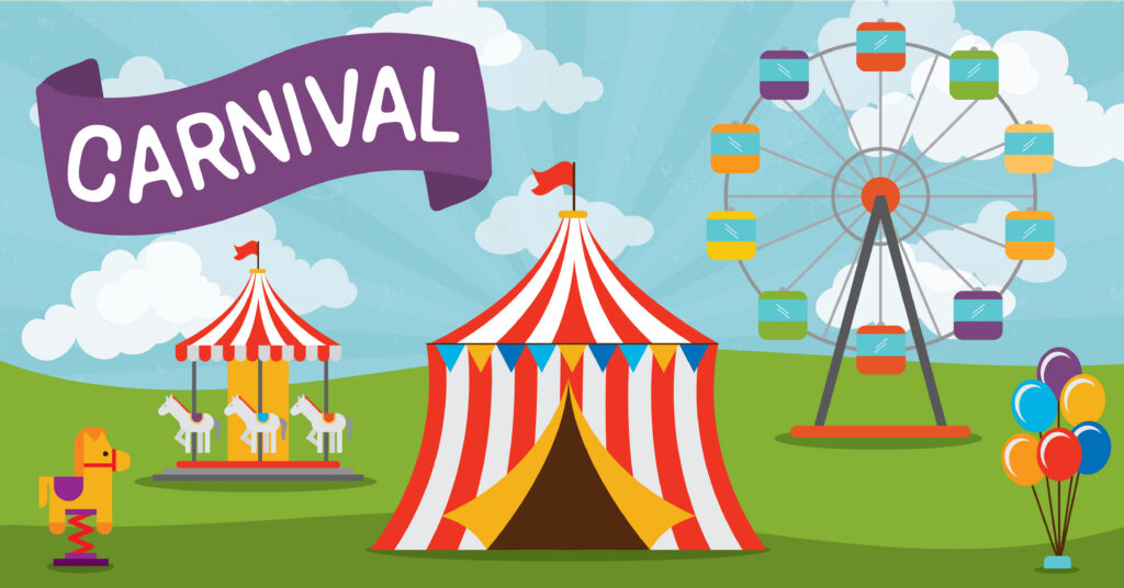 Colorful carnival scene with a striped circus tent, a carousel with white horses, a Ferris wheel, a bunch of balloons, and a purple CARNIVAL banner against a bright sky with clouds and green hills.