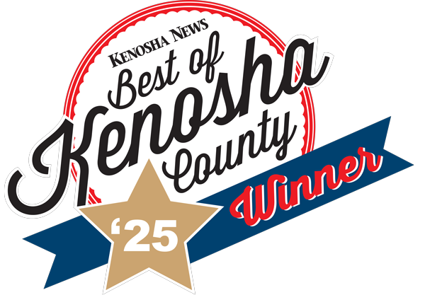 Logo reading Kenosha News Best of Kenosha County Winner 25 with a gold star and blue ribbon. The design uses black, red, blue, and gold colors.